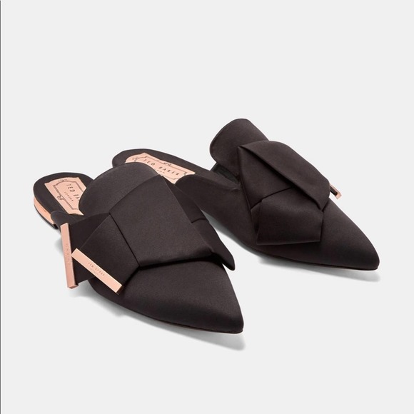 Ted Baker Shoes | Ted Baker Knotted Bow Backless Satin Loafers 6W | Color: Black/Gold | Size: 6 | Turbocharged925's Closet